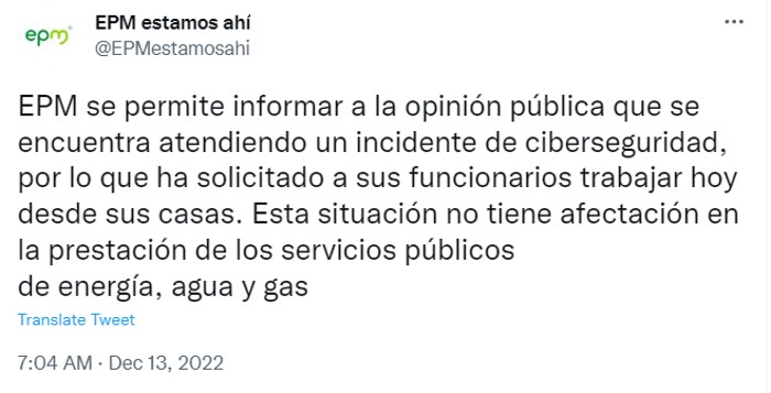 EPM Twitter confirma ciberataque